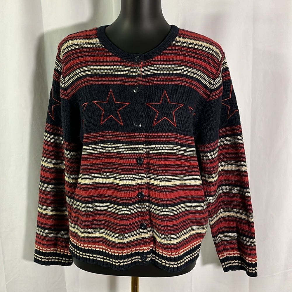 Christopher & Banks Blue & Red Embroidered Star Americana Button Front Cardigan